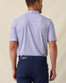 Men's Channel Stripe Polo in Violet, back model view featuring a lavender short sleeve polo with horizontal navy and white pencil stripes with the Straight Down logo at the back collar