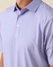 Men's Channel Stripe Polo in Violet, close-up model view featuring the collar and button placket detail of a lavender short sleeve polo with horizontal navy and white pencil stripes