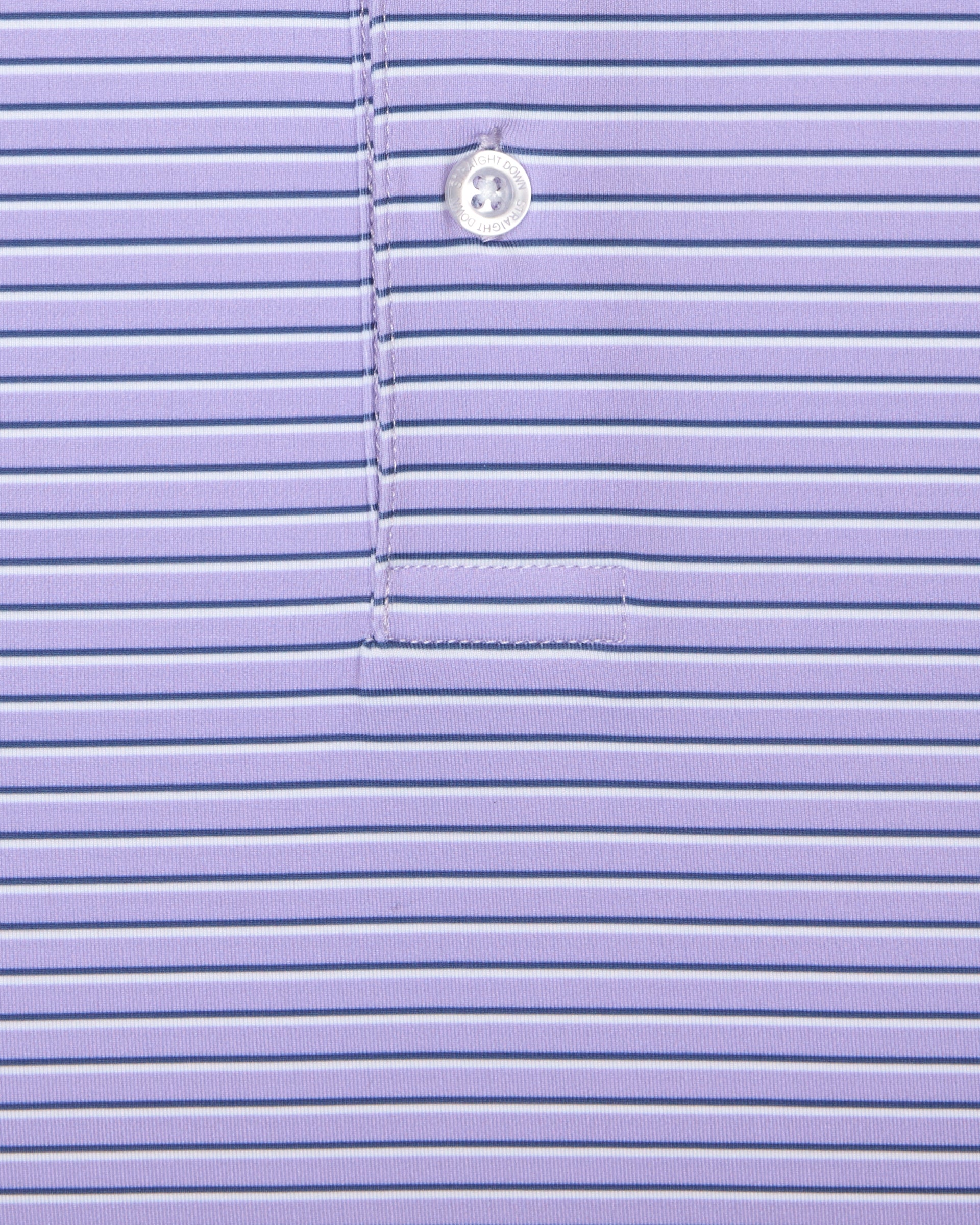 Men's Channel Stripe Polo in Violet, close-up flat lay view featuring a lavender fabric with horizontal navy and white pencil stripes with a visible button placket detail