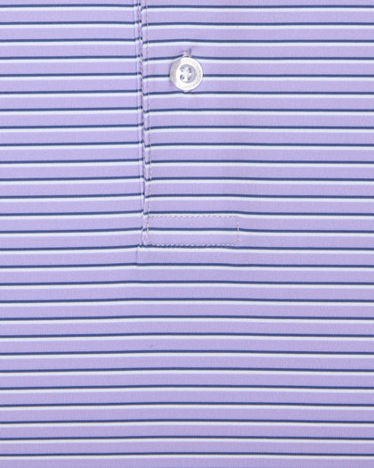 Men's Channel Stripe Polo in Violet, close-up flat lay view featuring a lavender fabric with horizontal navy and white pencil stripes with a visible button placket detail