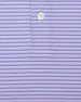 Men's Channel Stripe Polo in Violet, close-up flat lay view featuring a lavender fabric with horizontal navy and white pencil stripes with a visible button placket detail