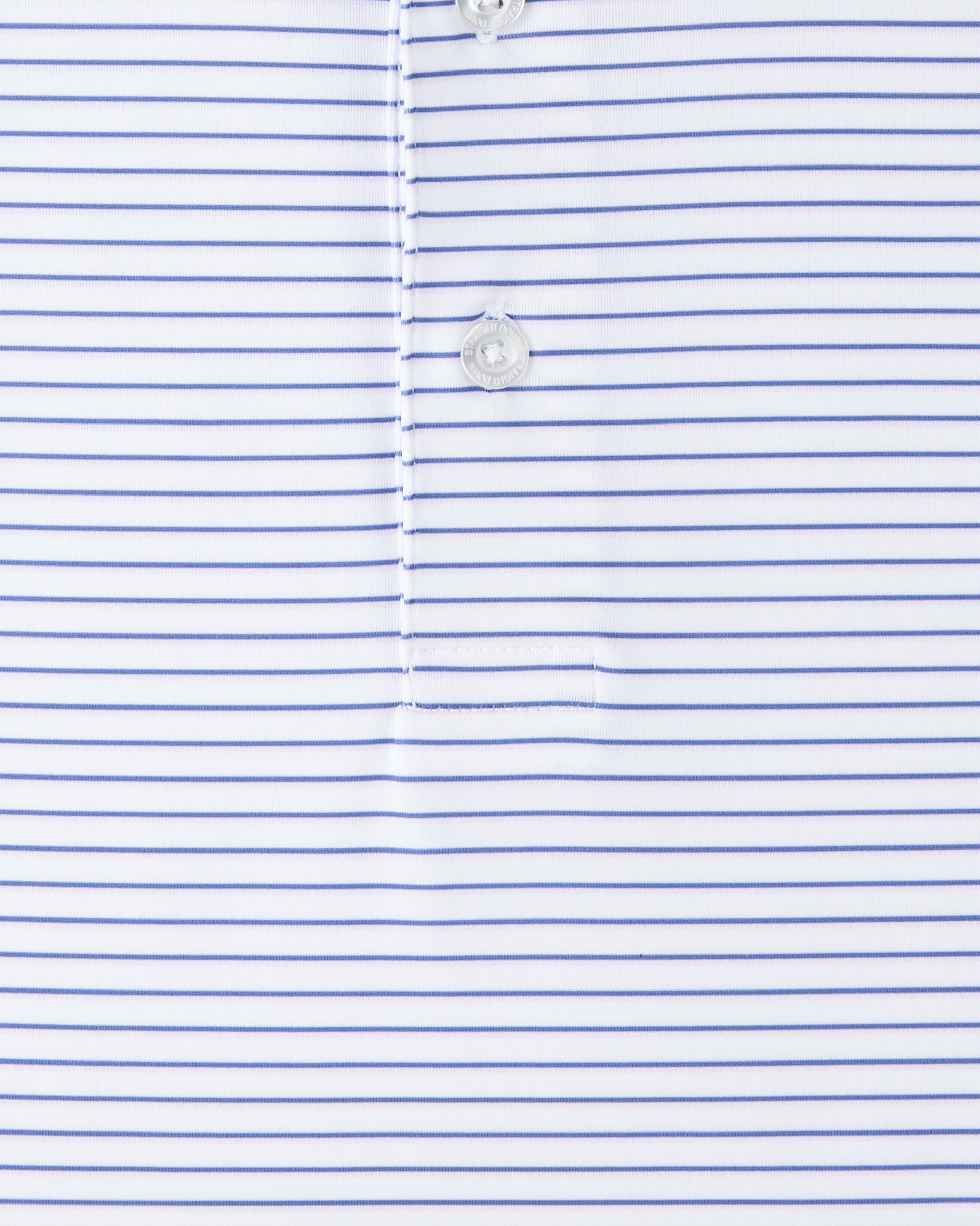 Close-up of Channel Stripe Polo fabric showing white base with thin blue stripes and button placket