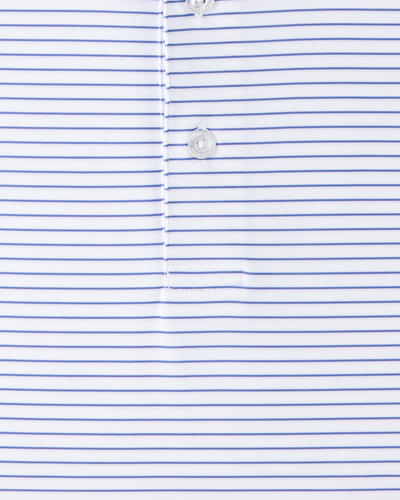 Close-up of Channel Stripe Polo fabric showing white base with thin blue stripes and button placket