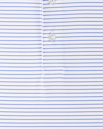 Close-up of Channel Stripe Polo fabric showing white base with thin blue stripes and button placket