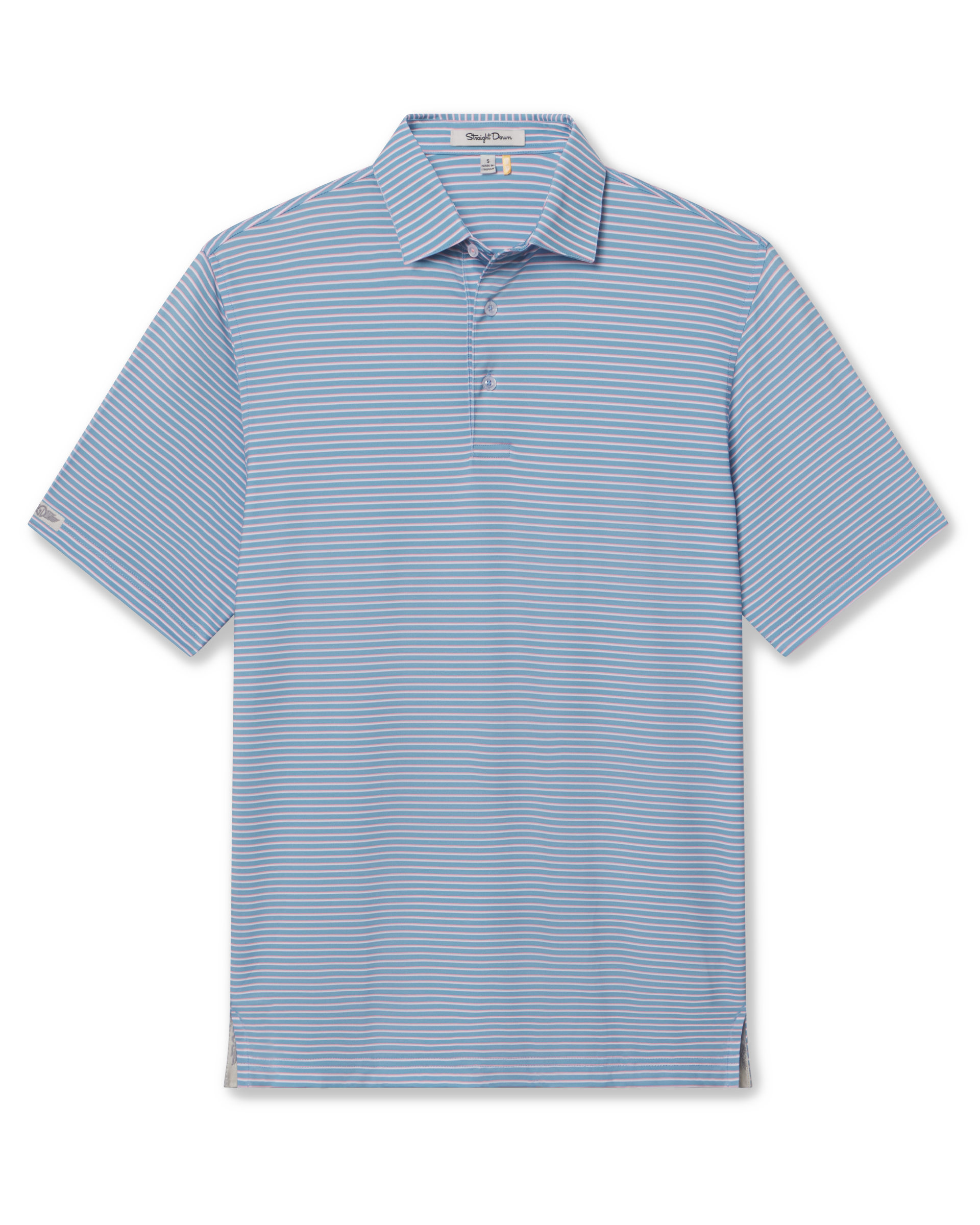 Men's Channel Stripe Polo in Coastal, flat lay front view featuring a light blue short sleeve polo with horizontal pink and white stripes