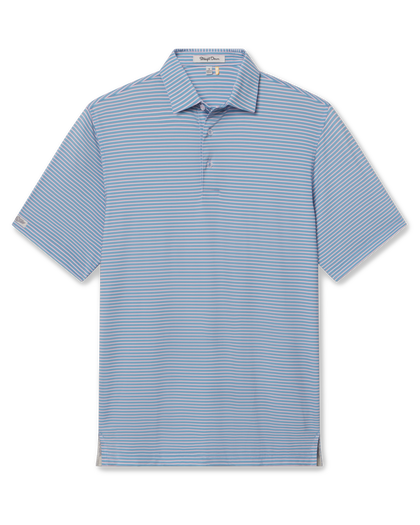 Men's Channel Stripe Polo in Coastal, flat lay front view featuring a light blue short sleeve polo with horizontal pink and white stripes