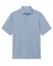 Men's Channel Stripe Polo in Coastal, flat lay front view featuring a light blue short sleeve polo with horizontal pink and white stripes