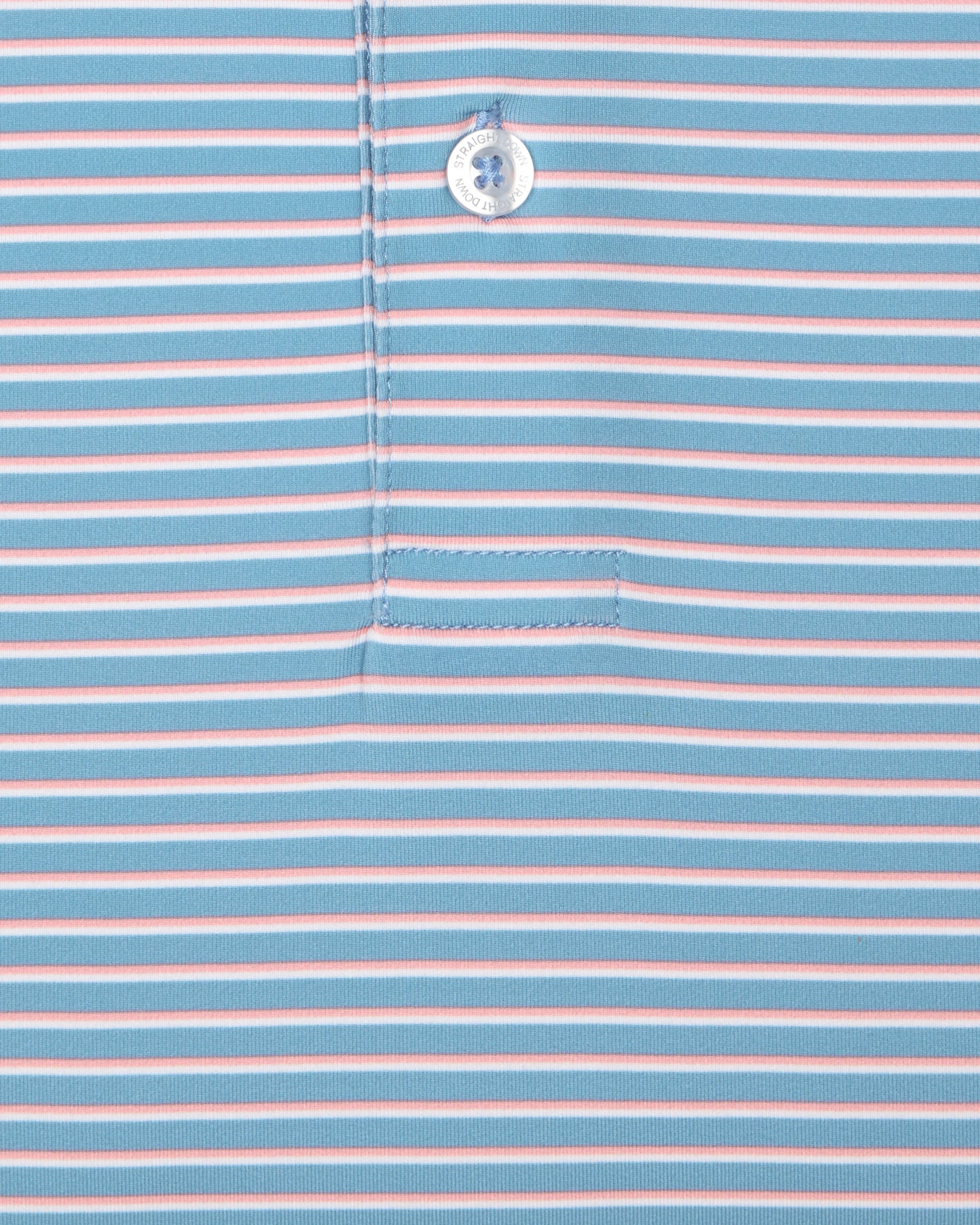Men's Channel Stripe Polo in Coastal, close-up fabric detail view featuring horizontal pink and white stripes on a light blue performance fabric with a Straight Down logo button