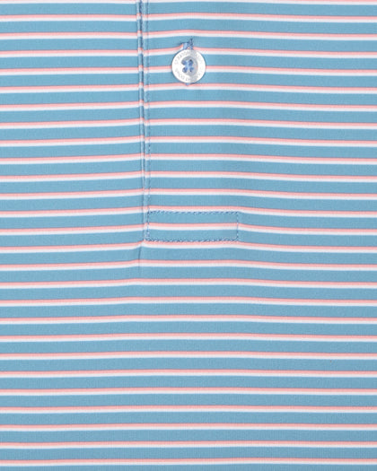 Men's Channel Stripe Polo in Coastal, close-up fabric detail view featuring horizontal pink and white stripes on a light blue performance fabric with a Straight Down logo button