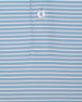 Men's Channel Stripe Polo in Coastal, close-up fabric detail view featuring horizontal pink and white stripes on a light blue performance fabric with a Straight Down logo button
