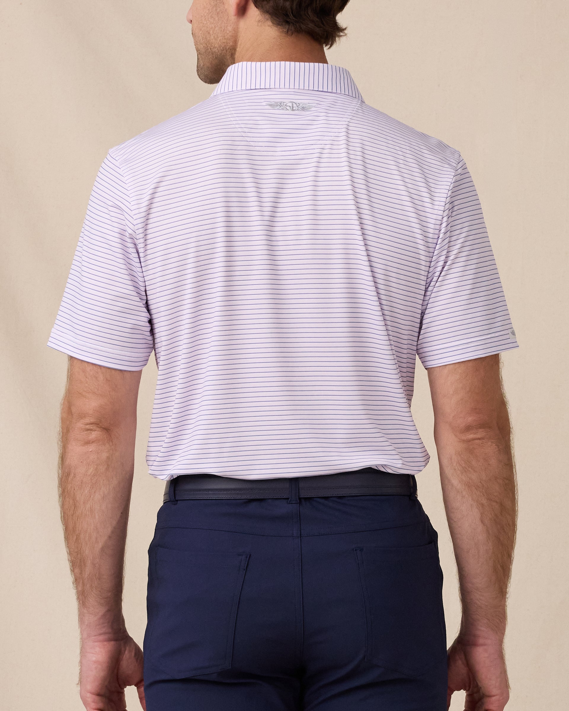 Back view of the Men's Channel Stripe Golf Polo in Lilac/Tidal with fine stripes and embroidered Straight Down logo below the collar.