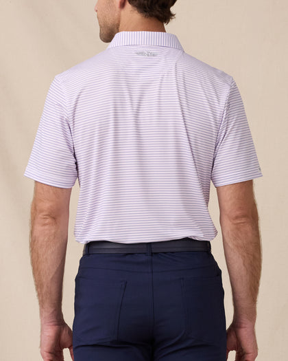 Back view of the Men's Channel Stripe Golf Polo in Lilac/Tidal with fine stripes and embroidered Straight Down logo below the collar.