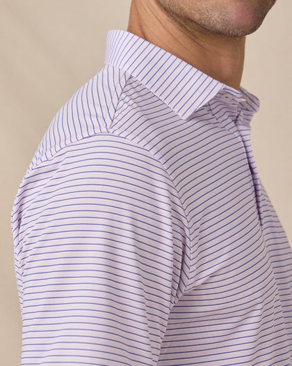 Close-up of the collar and shoulder on the Men's Channel Stripe Golf Polo in Lilac/Tidal, showcasing the fine stripe pattern and tailored collar.