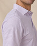 Close-up of the collar and shoulder on the Men's Channel Stripe Golf Polo in Lilac/Tidal, showcasing the fine stripe pattern and tailored collar.