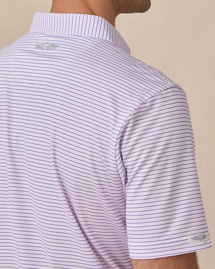 Close-up of the back shoulder on the Men's Channel Stripe Golf Polo in Lilac/Tidal, highlighting the embroidered Straight Down logo.