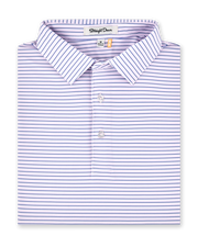 Men's Channel Stripe Polo in Lilac-Tidal, folded flat lay front view featuring a lilac polo with navy pinstripes