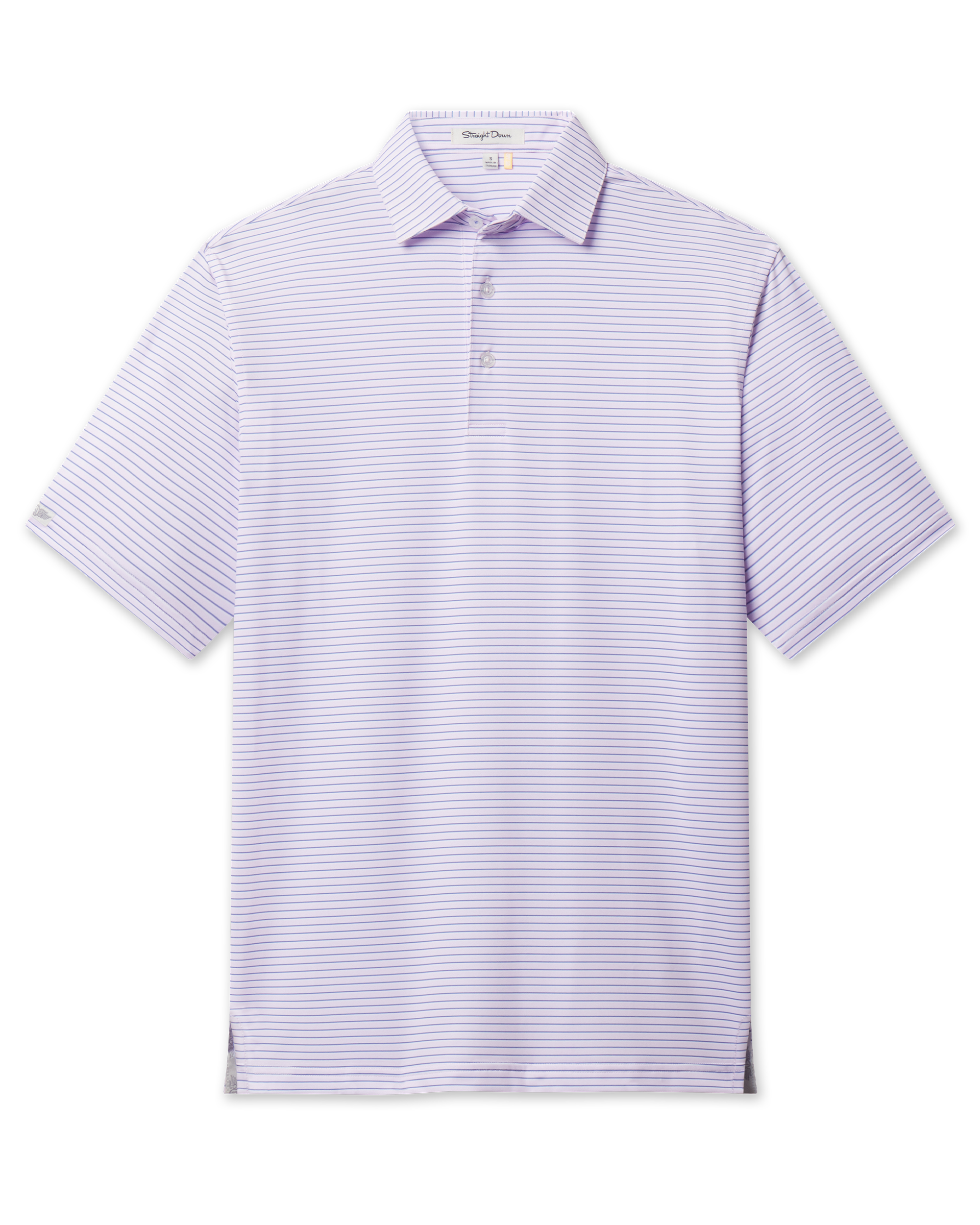 Channel Stripe Polo in Lilac/Tidal, flat lay front view featuring a light pink and white fine horizontal stripe polo with a purple stripe accent, spread collar, and Straight Down woven label at the sleeve hem