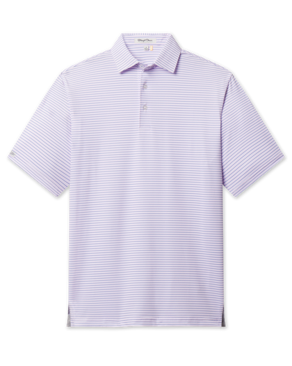 Channel Stripe Polo in Lilac/Tidal, flat lay front view featuring a light pink and white fine horizontal stripe polo with a purple stripe accent, spread collar, and Straight Down woven label at the sleeve hem