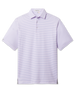 Channel Stripe Polo in Lilac/Tidal, flat lay front view featuring a light pink and white fine horizontal stripe polo with a purple stripe accent, spread collar, and Straight Down woven label at the sleeve hem
