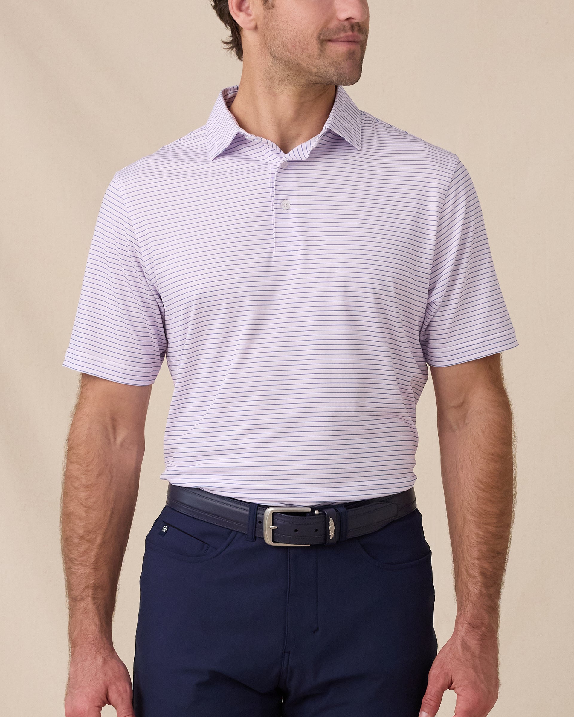 Men's Channel Stripe Golf Polo in Lilac/Tidal front view, featuring a fine stripe pattern and classic performance fit.