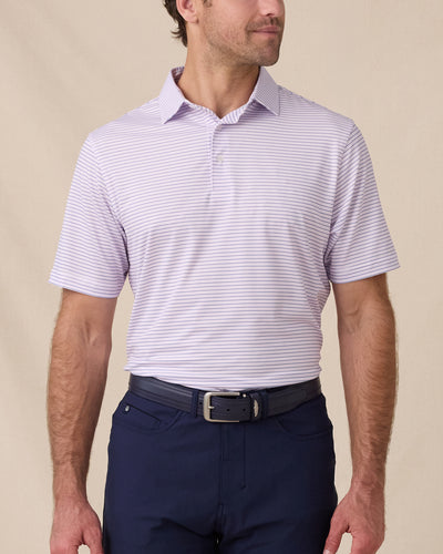 Men's Channel Stripe Golf Polo in Lilac/Tidal front view, featuring a fine stripe pattern and classic performance fit.