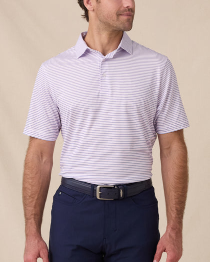 Men's Channel Stripe Golf Polo in Lilac/Tidal front view, featuring a fine stripe pattern and classic performance fit.