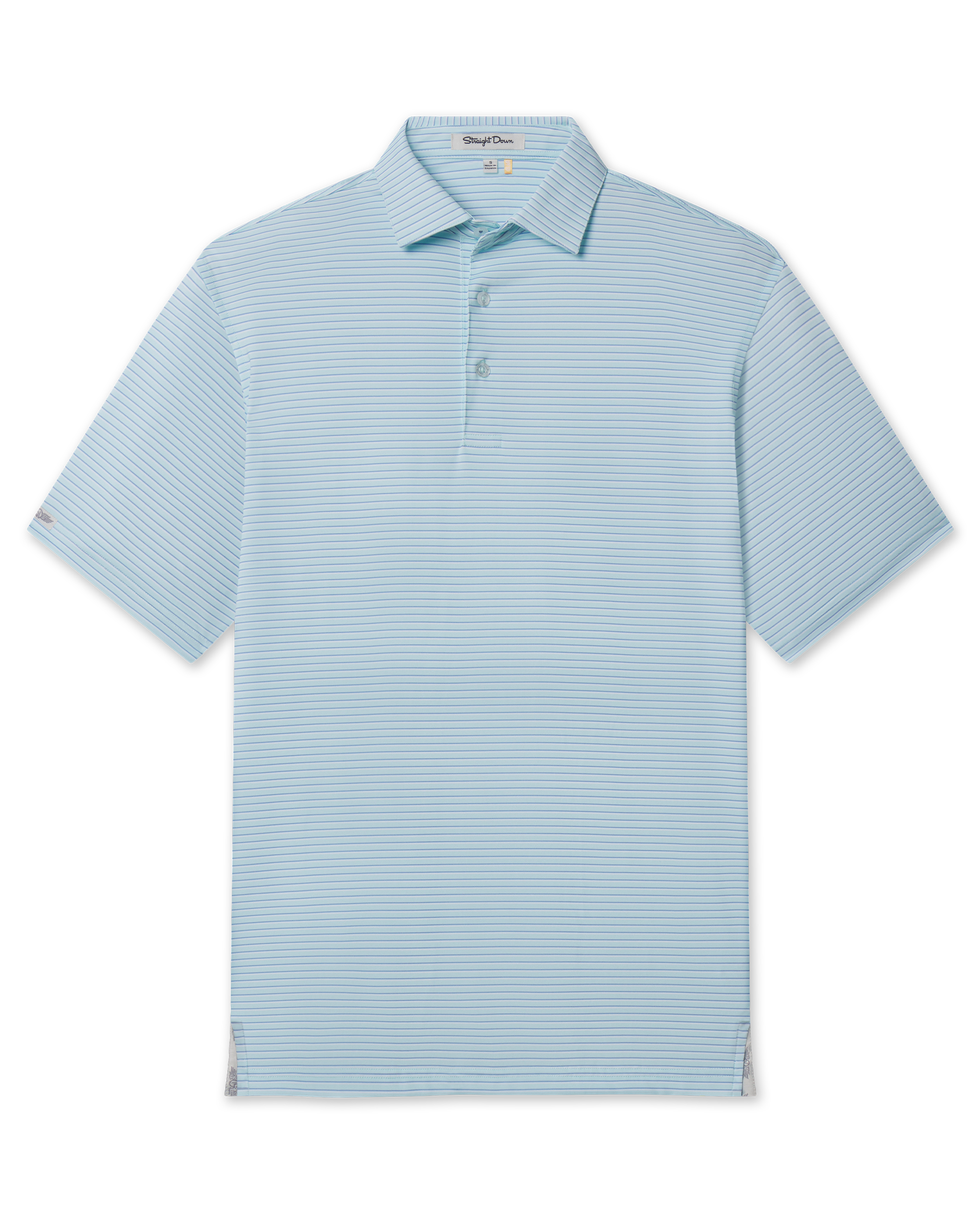 Channel Stripe Polo in Mint Tea, flat lay front view featuring a light mint and blue fine horizontal stripe polo with a spread collar and Straight Down woven label at the sleeve hem