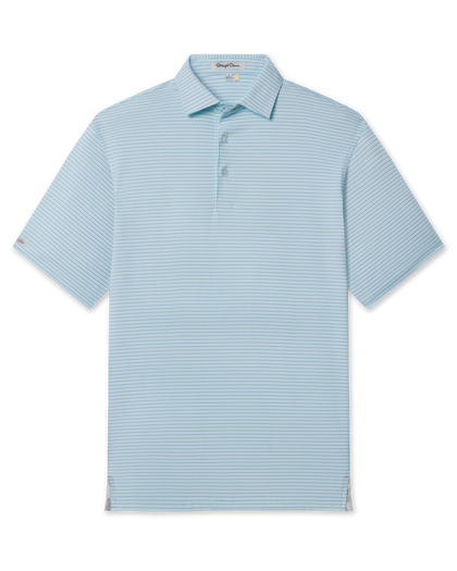Channel Stripe Polo in Mint Tea, flat lay front view featuring a light mint and blue fine horizontal stripe polo with a spread collar and Straight Down woven label at the sleeve hem