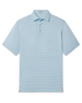 Channel Stripe Polo in Mint Tea, flat lay front view featuring a light mint and blue fine horizontal stripe polo with a spread collar and Straight Down woven label at the sleeve hem