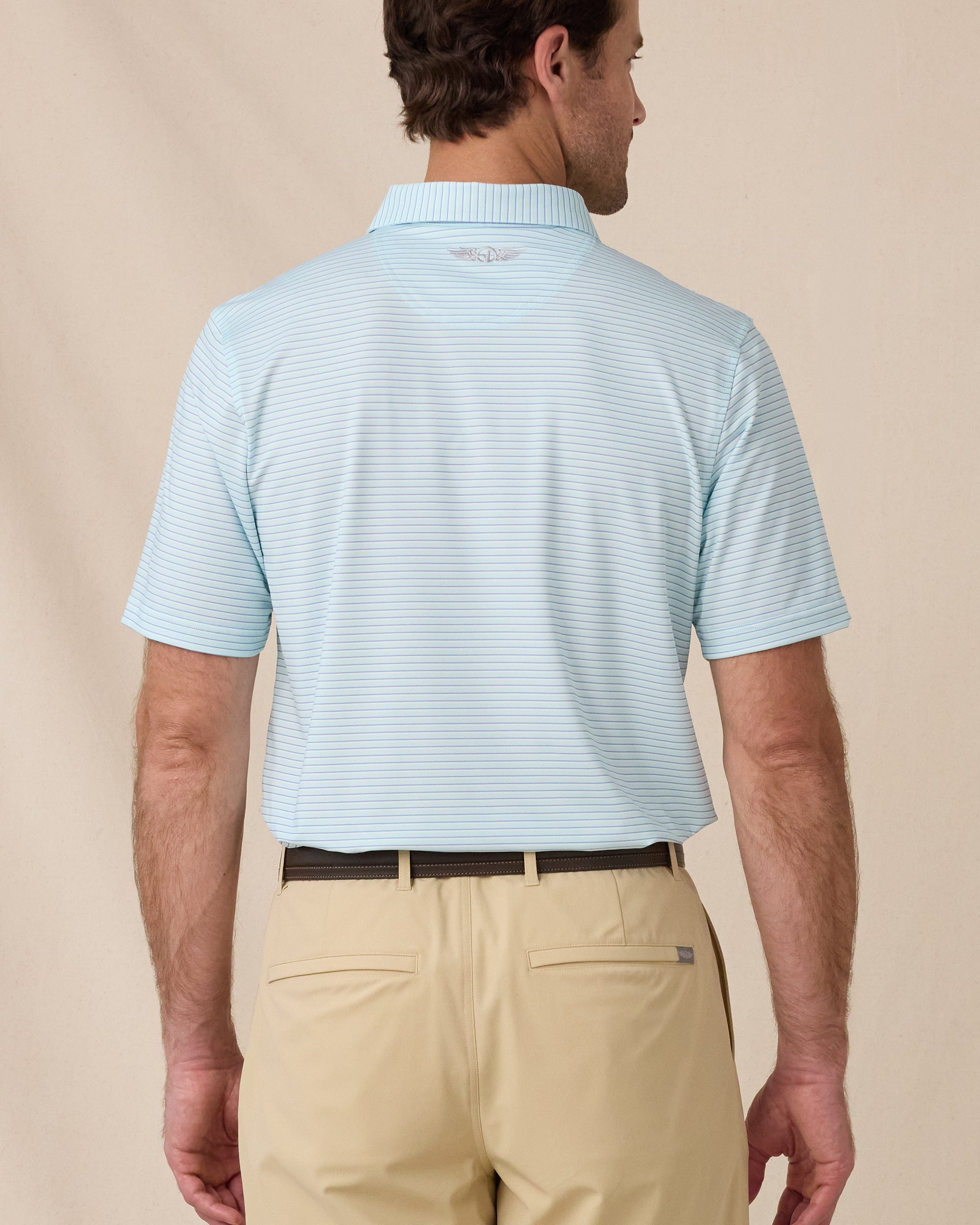 Back view of the Men's Channel Stripe Golf Polo in Mint Tea with fine stripes and embroidered Straight Down logo below the collar.