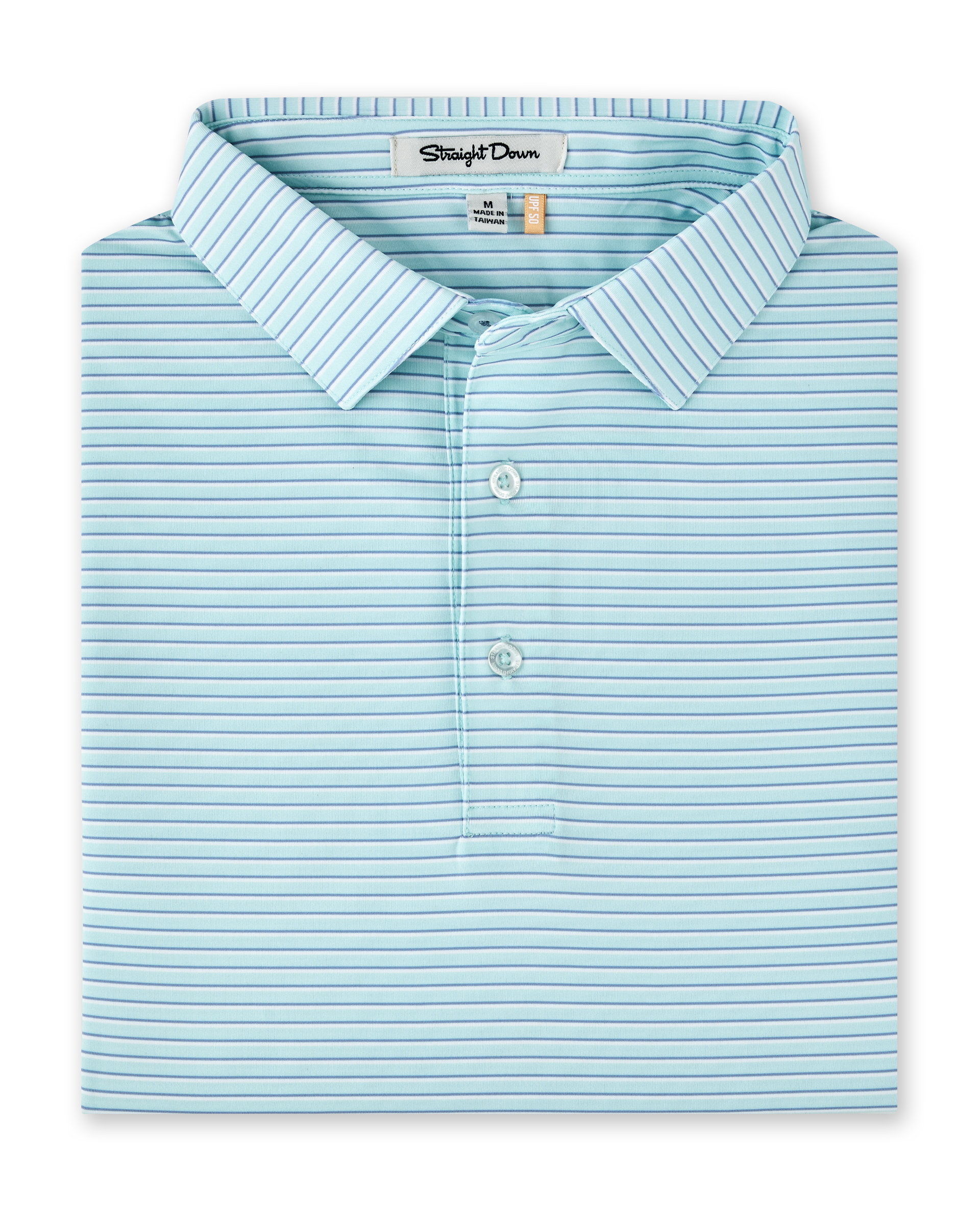 Men's Channel Stripe Polo in Mint Tea, folded flat lay front view featuring a mint polo with tonal blue pinstripes
