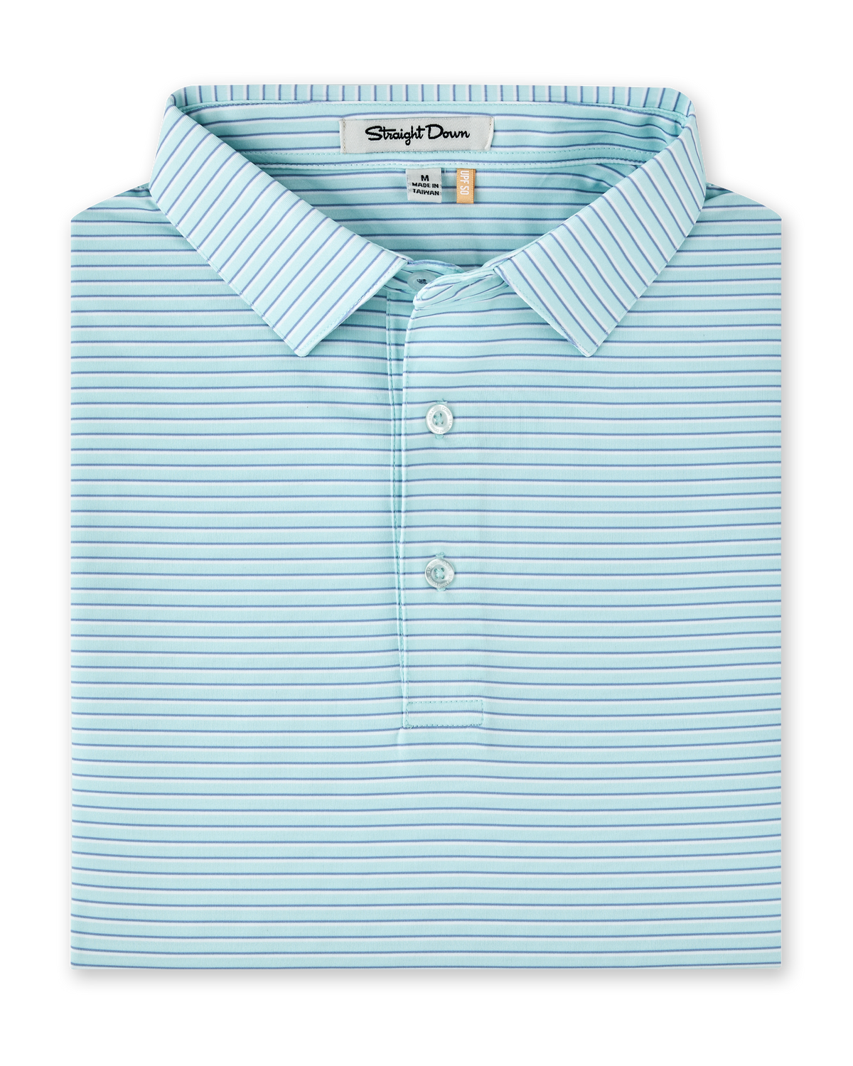 Men's Channel Stripe Polo in Mint Tea, folded flat lay front view featuring a mint polo with tonal blue pinstripes