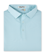 Men's Channel Stripe Polo in Mint Tea, folded flat lay front view featuring a mint polo with tonal blue pinstripes