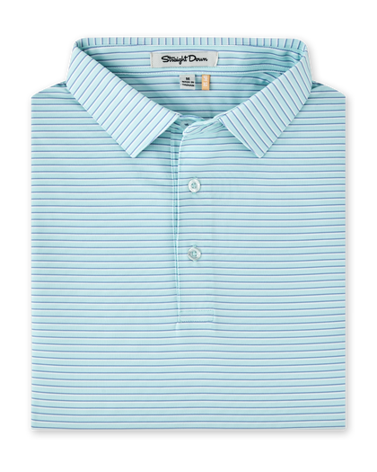 Men's Channel Stripe Polo in Mint Tea, folded flat lay front view featuring a mint polo with tonal blue pinstripes