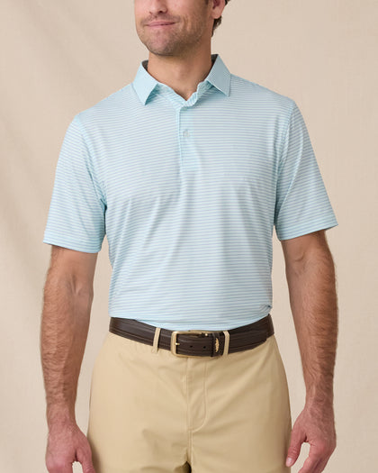 Men's Channel Stripe Golf Polo in Mint Tea front view, featuring a fine stripe pattern and classic performance fit.