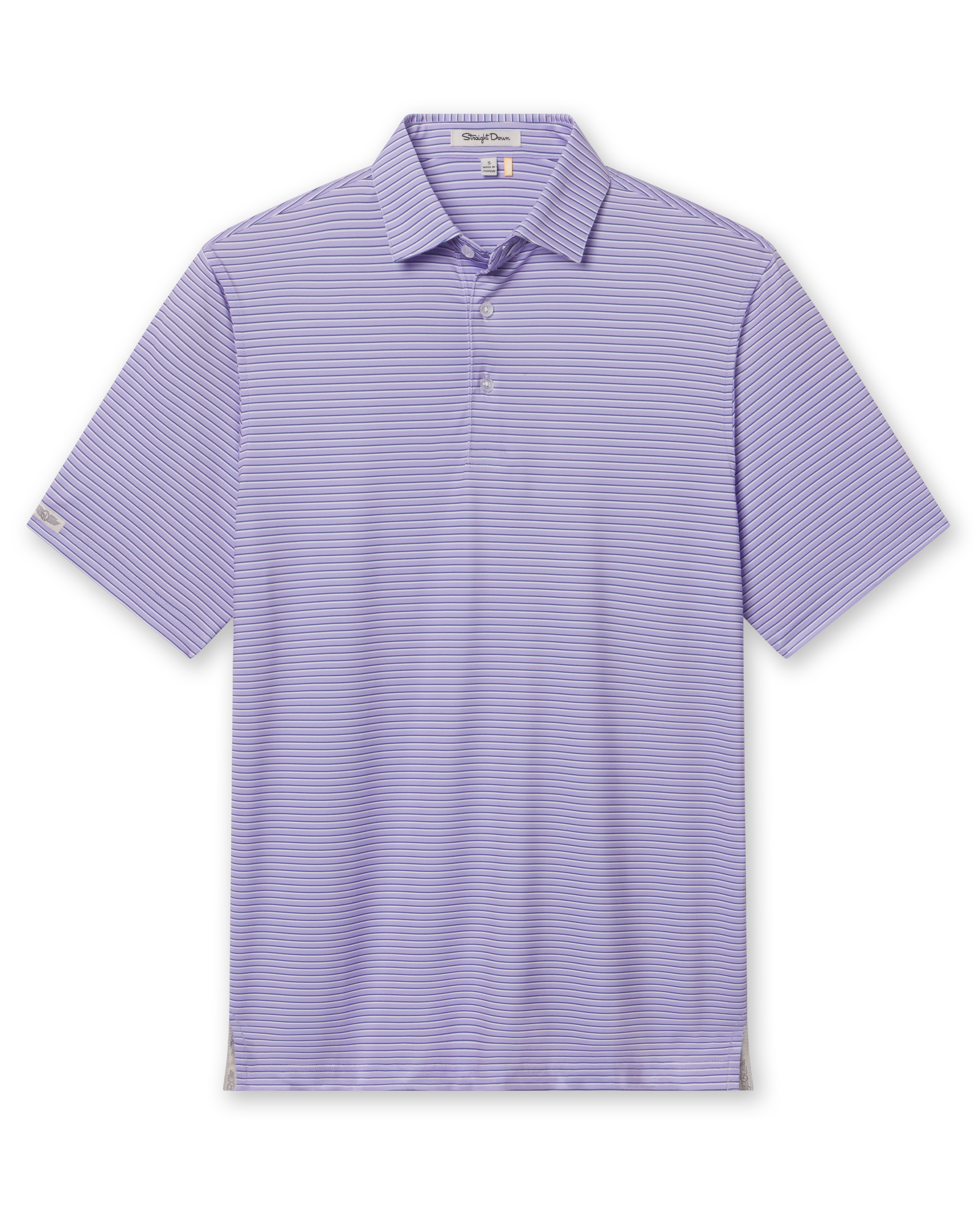 Men's Channel Stripe Polo in Violet, flat lay front view featuring a lavender short sleeve polo with horizontal navy and white pencil stripes