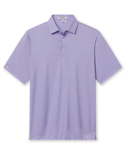 Men's Channel Stripe Polo in Violet, flat lay front view featuring a lavender short sleeve polo with horizontal navy and white pencil stripes