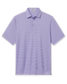 Men's Channel Stripe Polo in Violet, flat lay front view featuring a lavender short sleeve polo with horizontal navy and white pencil stripes