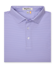Men's Channel Stripe Polo in Violet, folded flat lay front view featuring a purple polo with tonal navy pinstripes