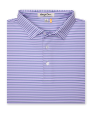 Men's Channel Stripe Polo in Violet, folded flat lay front view featuring a purple polo with tonal navy pinstripes