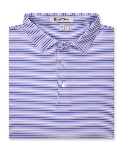 Men's Channel Stripe Polo in Violet, folded flat lay front view featuring a purple polo with tonal navy pinstripes