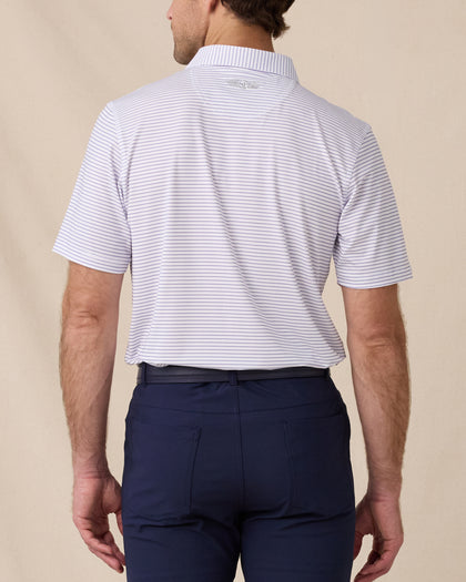 Back view of the Men's Channel Stripe Golf Polo in White with fine blue stripes and embroidered Straight Down logo below the collar.