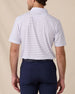 Back view of the Men's Channel Stripe Golf Polo in White with fine blue stripes and embroidered Straight Down logo below the collar.