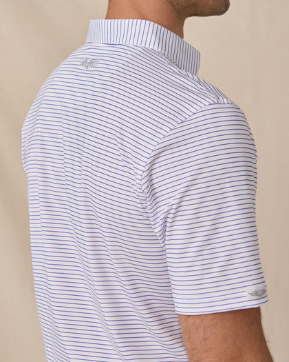 Close-up of the back shoulder on the Men's Channel Stripe Golf Polo in White, highlighting the embroidered Straight Down logo and fine stripe pattern.