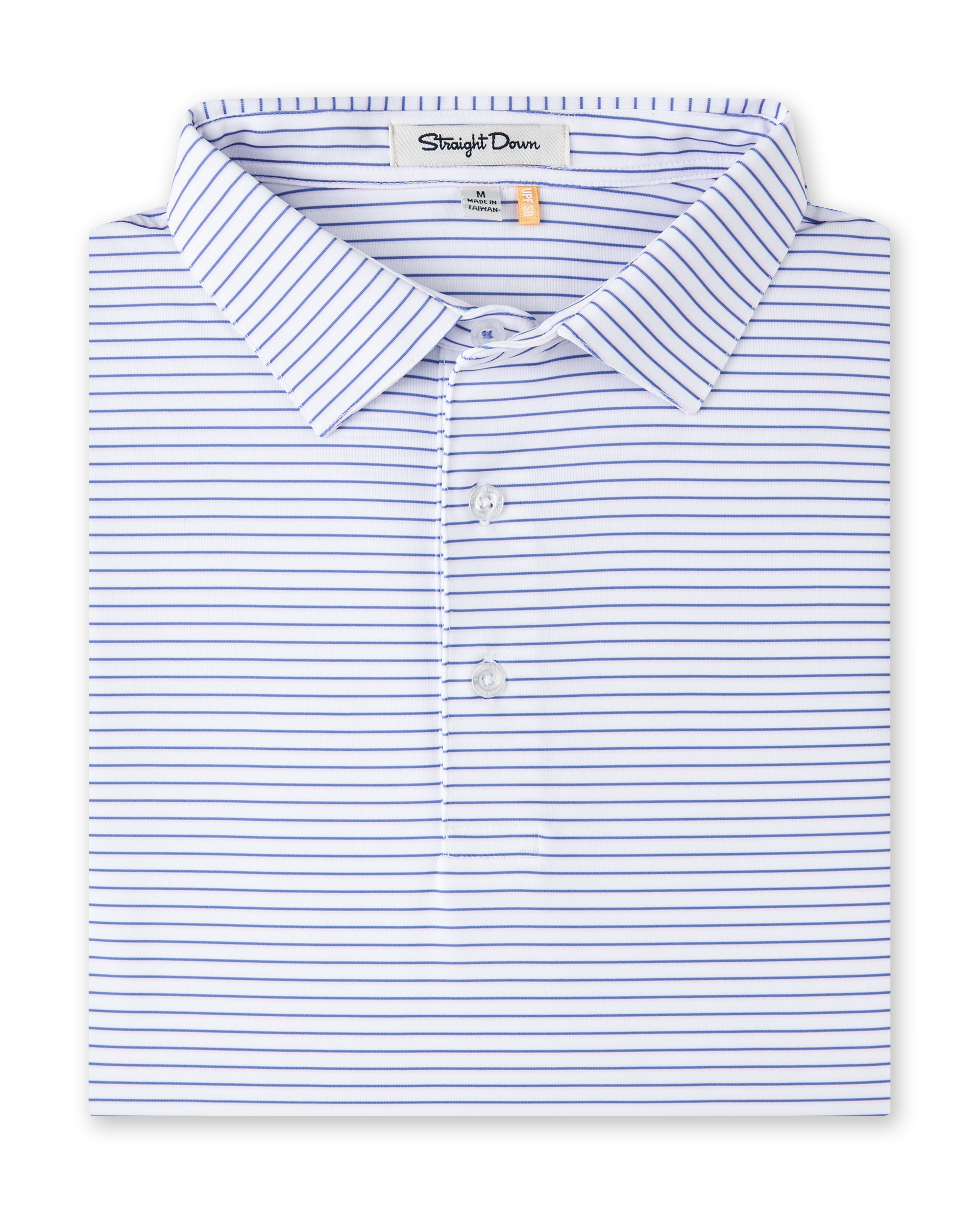 Folded white polo with blue stripes with a Straight Down label inside the collar