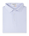 Folded white polo with blue stripes with a Straight Down label inside the collar