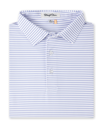 Folded white polo with blue stripes with a Straight Down label inside the collar