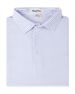 Folded white polo with blue stripes with a Straight Down label inside the collar