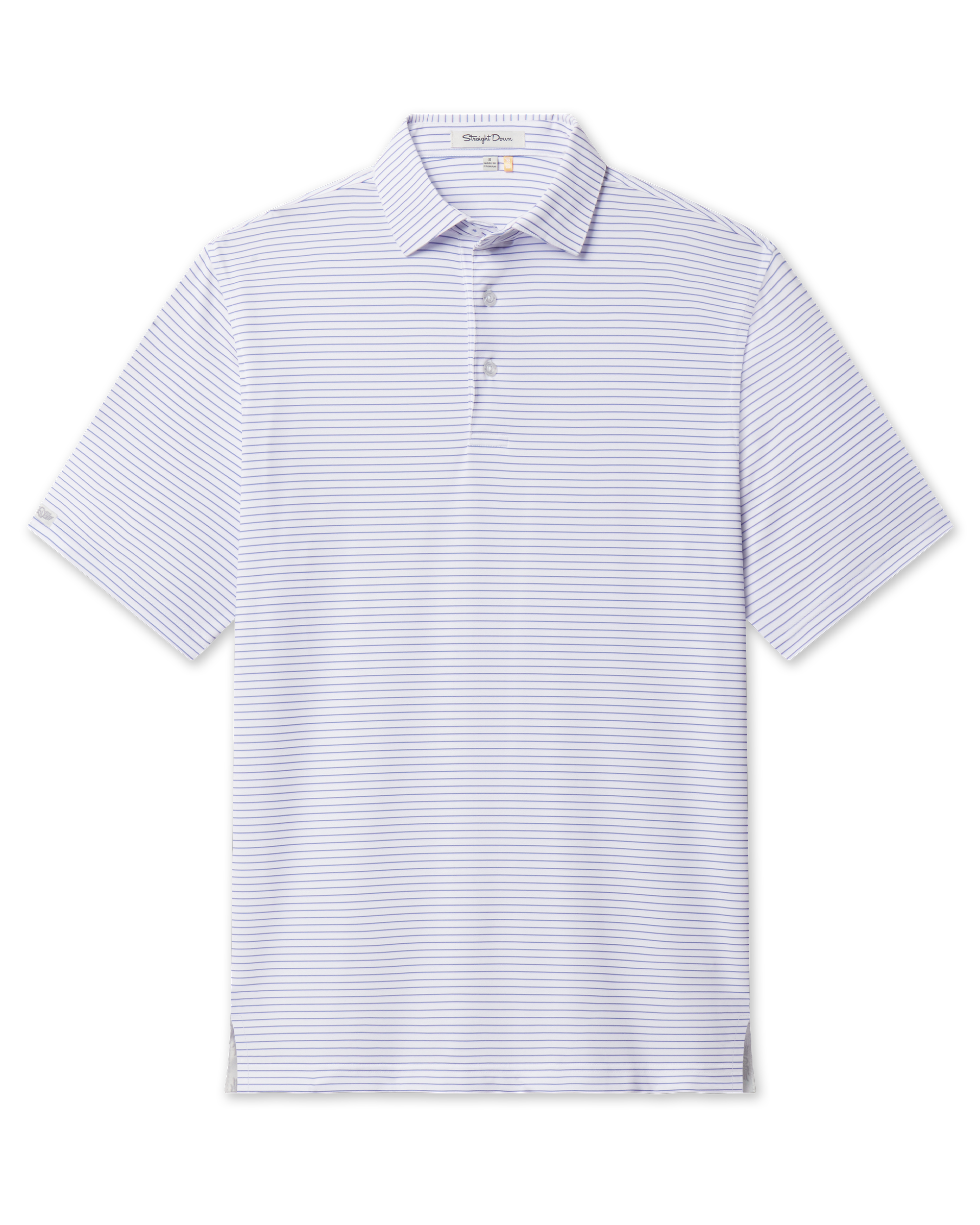 Short sleeve white polo with thin blue stripes, collar and three-button placket