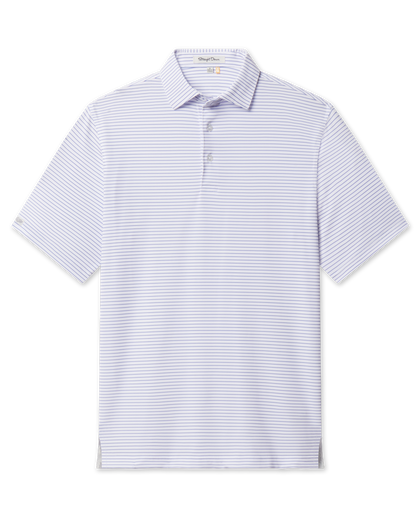 Short sleeve white polo with thin blue stripes, collar and three-button placket